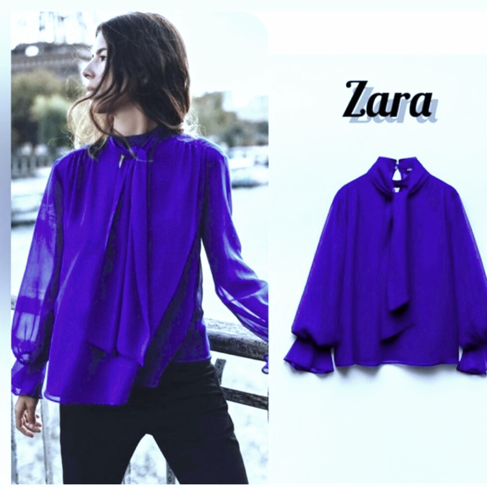 Zara NWOT Royal Blue Chiffon Sheer Blouse, Tie Sash & Cut Outs V Neck XL
